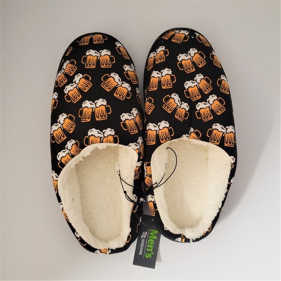Mens Black Yellow Beer Mug Print Bedroom House Slippers Shoes Sz XL 13 NWT - Picture 1 of 2